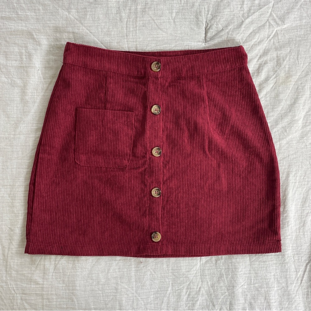 Maroon Corduroy Button Down Skirt